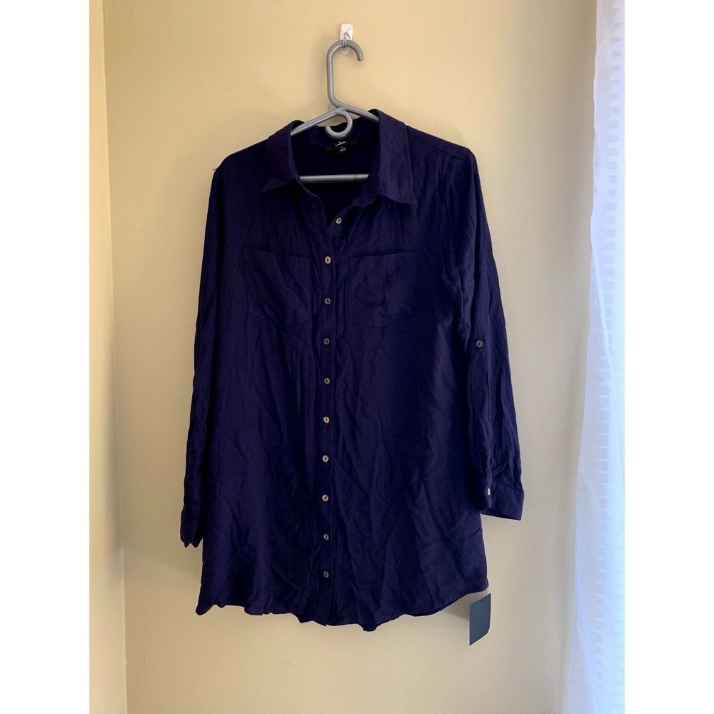 NWT Lulu's Large Deep Purple Long Sleeve Tunic Length Button Down Long Blouse